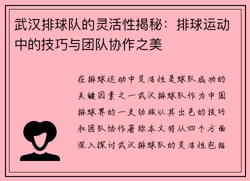 武汉排球队的灵活性揭秘：排球运动中的技巧与团队协作之美