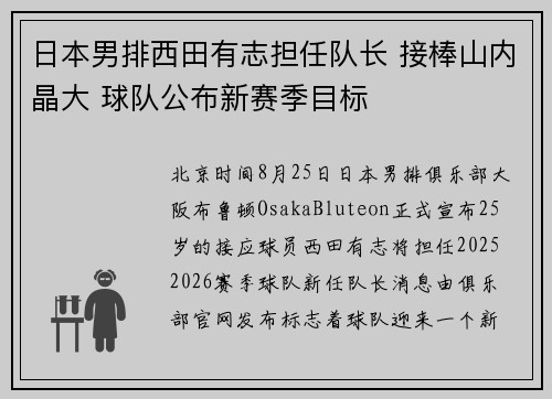日本男排西田有志担任队长 接棒山内晶大 球队公布新赛季目标