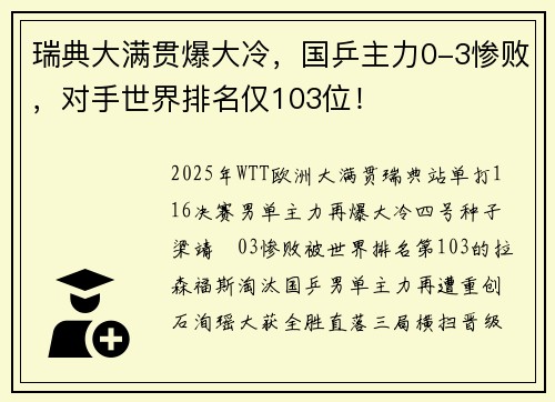 瑞典大满贯爆大冷，国乒主力0-3惨败，对手世界排名仅103位！